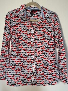 Talbots Red White Blue Heart Print Button Up Shirt 100% Cotton